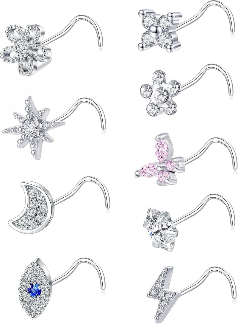 Tornito 9Pcs Nose Rings Stud L Bone Screw Shaped Nose Ring Flower CZ Snowflake Butterfly Screw Nose Stud Body Piercing Jewelry for Women Men 20G Silver Gold Rose Gold Tone - Image 1